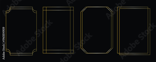 Thin golden frame set. Gold geometric border collection in art deco style. Thin linear shining rectangular shape bundle. Brass glowing shiny boarder element pack for photo, cadre, poster, card. Vector