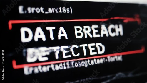 Data Breach Detected Warning on Digital Screen with Glitch Effect, Cyber Security Threat Concept
