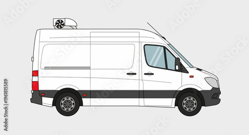 A mockup car illustration of a white van with black trim and wheels is shown in profile on a gray background.