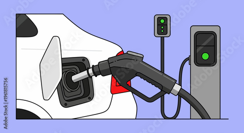 Electric car mockup charges at a station with a green light