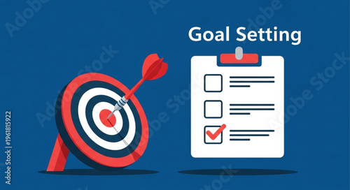Goal Setting Illustration - Dart Hitting Target and Checklist with Completed Task.