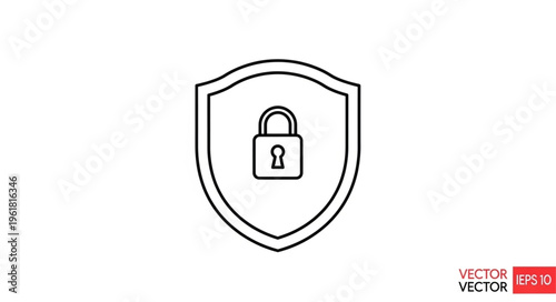Shield with Padlock - Security and Protection Symbol in Outline Style.