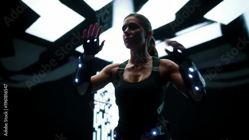 Woman in Motion Capture Suit Interacting with Virtual Reality Tech in Dark Futuristic Environment