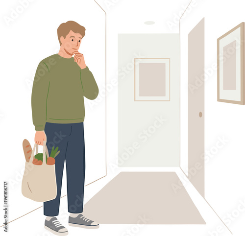 Man standing in a hallway looking puzzled with grocery bag
