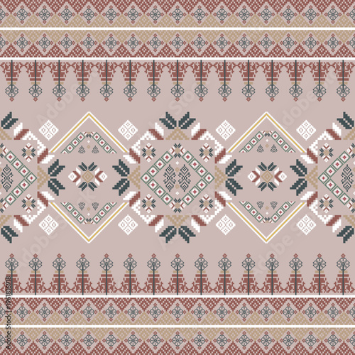Brown, white, and red cross-stitch tribal vintage ethnic seamless pattern. Design for wallpaper, pattern fills, textiles, web page backgrounds, and surface textures. Knitted pattern. Pixel pattern.
