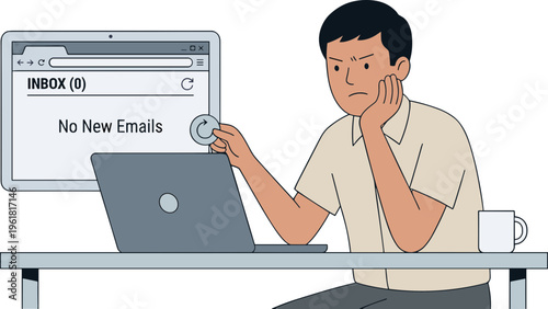 Man sitting at desk looking frustrated with laptop and email inbox on screen