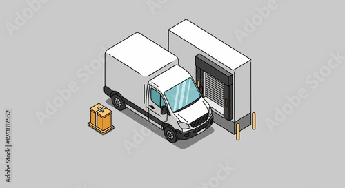 A white delivery mockup car and truck are parked near a warehouse loading dock with a box