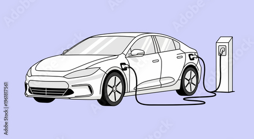 A mockup car is plugged into an electric charging station outdoors.