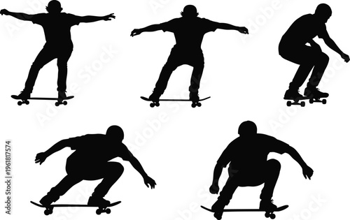 Black vector silhouette set of skateboarders performing various stunts and tricks on skateboards isolated on white background for extreme sports,