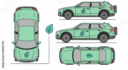 A mockup car with leaf logo is shown in four views including front, side, rear and top down on a clean background.