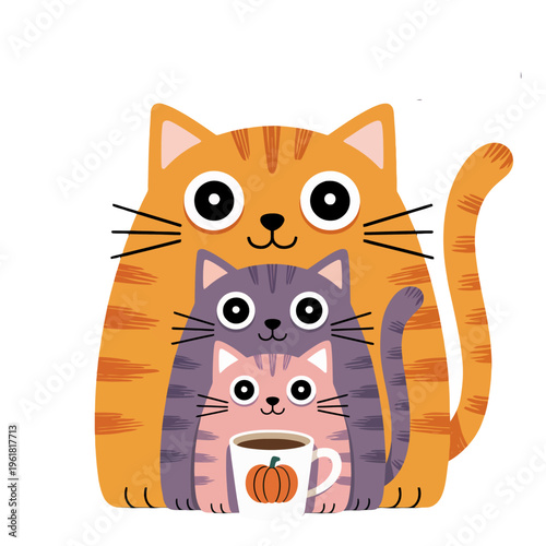 Three stylized cats are stacked . The largest holds a coffee cup with a pumpkin design. Each cat has a uniquely colored coat.