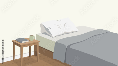 A serene bedroom scene with a neatly made bed and a small wooden nightstand beside it.