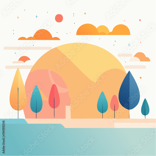 Vibrant Flat Design Landscape with Stylized Trees and Mountains Under a Sunny Sky