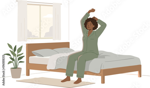 Woman stretching on bed in bedroom with plant and window