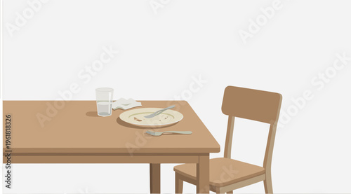 A wooden table with a plate, utensils, and a chair indoors.
