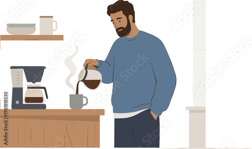 Man pouring coffee in kitchen at home interior with coffee maker