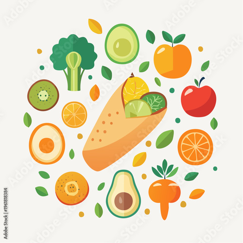 Fresh & Healthy Burrito Surrounded by a Vibrant Assortment of Organic Fruits and Vegetables