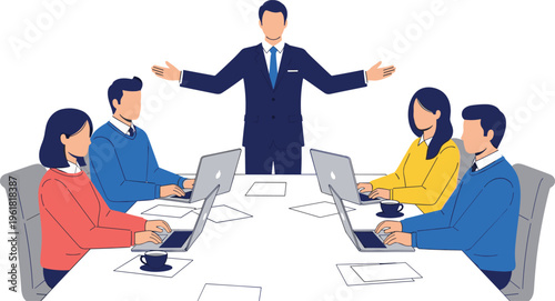 Business leader giving a presentation to professional team at office conference table with laptops, diverse corporate employees in meeting, isolated.