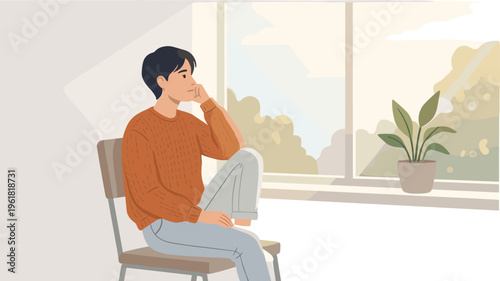 A man sits on a chair looking out the window at nature with a plant