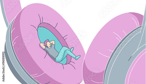 Person sleeping inside pink headphones on table in studio