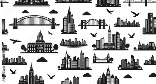 Collection of city skyline silhouettes including skyscrapers, bridges, and historical landmarks for urban architecture, travel tourism, and metropolitan design concepts.