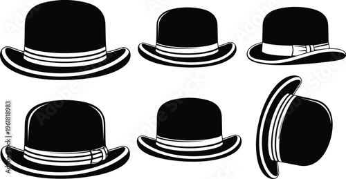 Collection of classic black bowler hat icons and silhouettes in various angles for vintage fashion design, gentleman style, and retro illustrations.