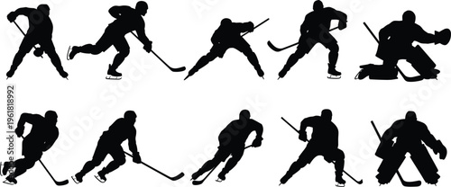 Ice hockey silhouettes in action poses, skating, shooting, blocking, goaltending, dynamic sports illustration, professional players, competitive game, athletic movement sequence
