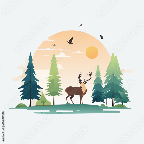 Serene Forest Scene with Majestic Deer Under a Warm Sunset Sky