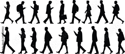 Silhouette crowd walking with smartphones, modern urban lifestyle, technology addiction, digital dependence, mobile phone users, distracted pedestrians, social behavior illustration