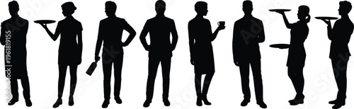 Waitstaff silhouettes standing with trays, hospitality service professionals vector illustration, restaurant workers art, food service design, catering concept, teamwork outline