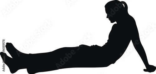 Silhouette of person sitting on ground, relaxed posture vector illustration, ponytail figure outline, contemplative design, lifestyle art, human shape concept