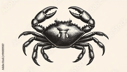 Intricate grayscale illustration of a crab with detailed claws, legs, and body on a cream background