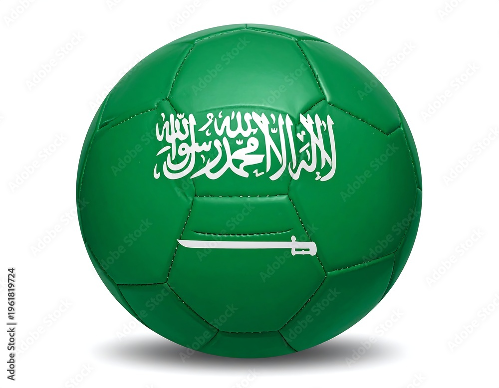 Fototapeta premium A green soccer ball with Arabic writing and sword symbol
