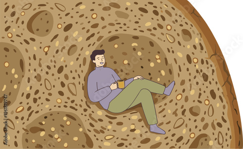 Man relaxing on a large loaf of bread sitting comfortably indoors