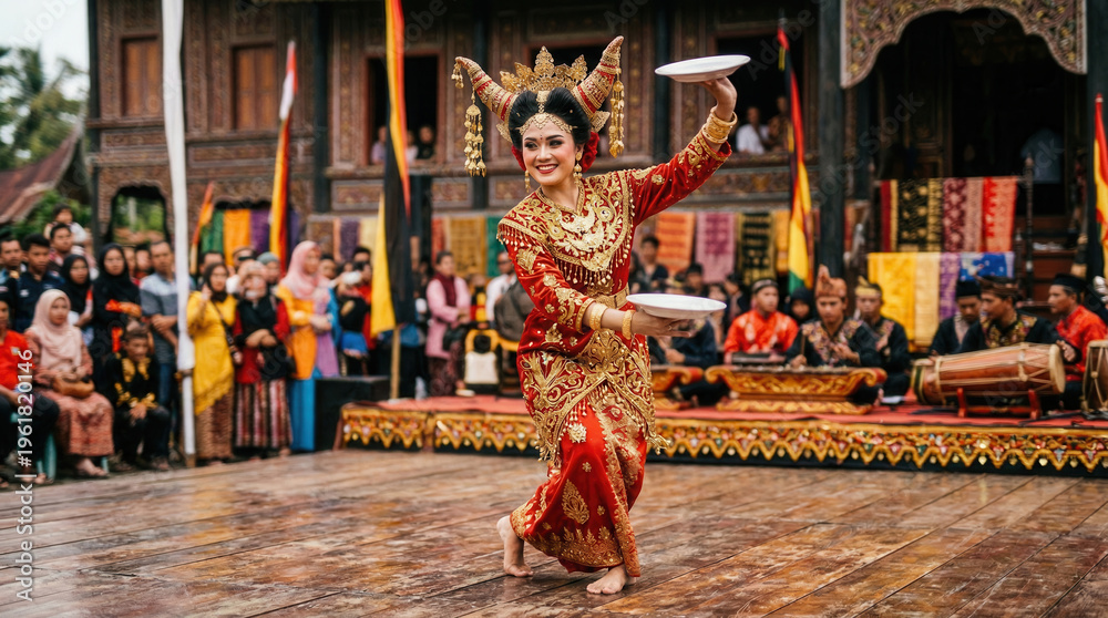 Naklejka premium Graceful female dancer performing traditional Tari Piring plate dance in red costume