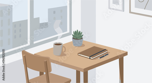 A person enjoys a morning coffee at a desk with a plant and books indoors.