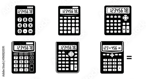 The image shows a collection of six calculators with various mathematical operations on a plain surface.