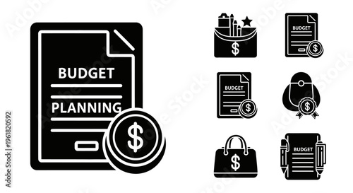 Financial planning icons display budget documents and money symbols on a desk.