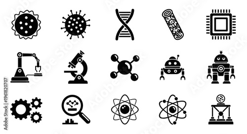 Scientists conduct experiments with various scientific equipment and technology icons
