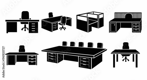 An office setting displays various workstations and desks with chairs.