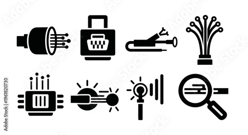 Technology icons showcase various devices and gadgets on a clean surface