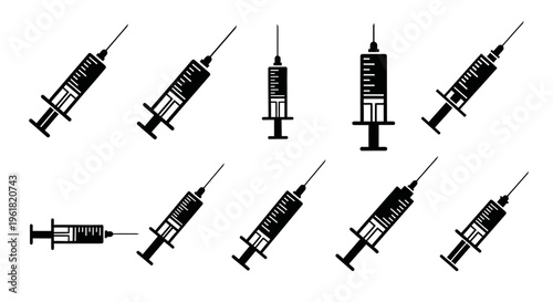Medical illustration shows various syringes in different positions and angles