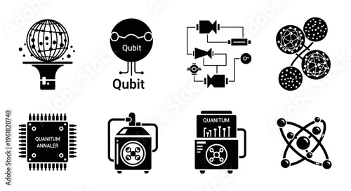 Circuit board components and technology symbols are arranged on a table indoors