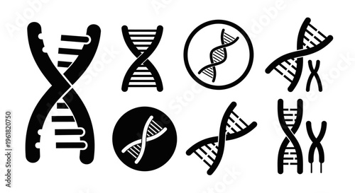 Genetic illustration of DNA helices in various twisted formations on white