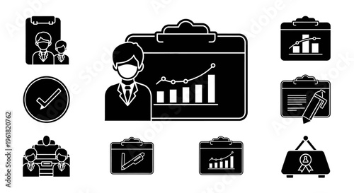 Businessman presenting a graph on a briefcase in a professional office environment from a close-up viewpoint.