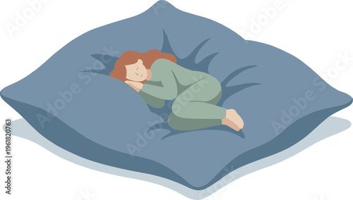 Woman sleeps peacefully on a large pillow in a cozy environment.