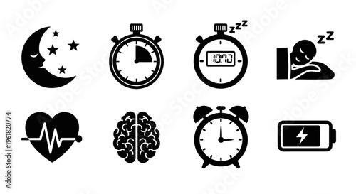 Black icons represent sleep, time, and health on a white background with a brain and clocks.