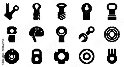 Various mechanical tools and hardware icons are displayed on a white background