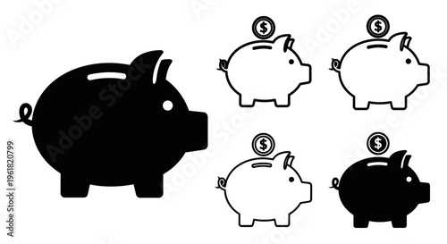 Five piggy banks with one big black piggy bank on left and four small outlined piggy banks on right with coins on top