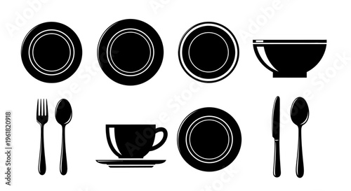 A set of tableware items including plates, bowl, cup, saucer, and utensils.